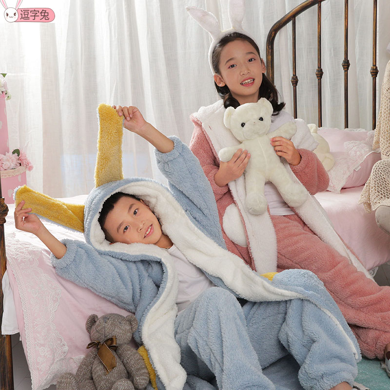 2021款儿童睡衣冬季加厚长款连帽睡袍中大童家居服法兰绒小孩浴袍