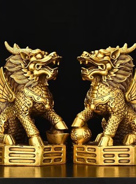 全铜工艺品中式家居麒麟摆件一对