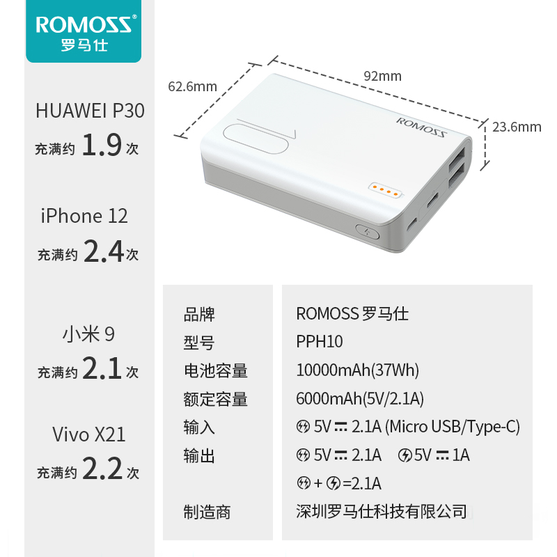 罗马仕充电宝10000毫安小巧超薄便携迷你可爱迷你移动电源手机专用快充移动电源官方旗舰正品超级快充