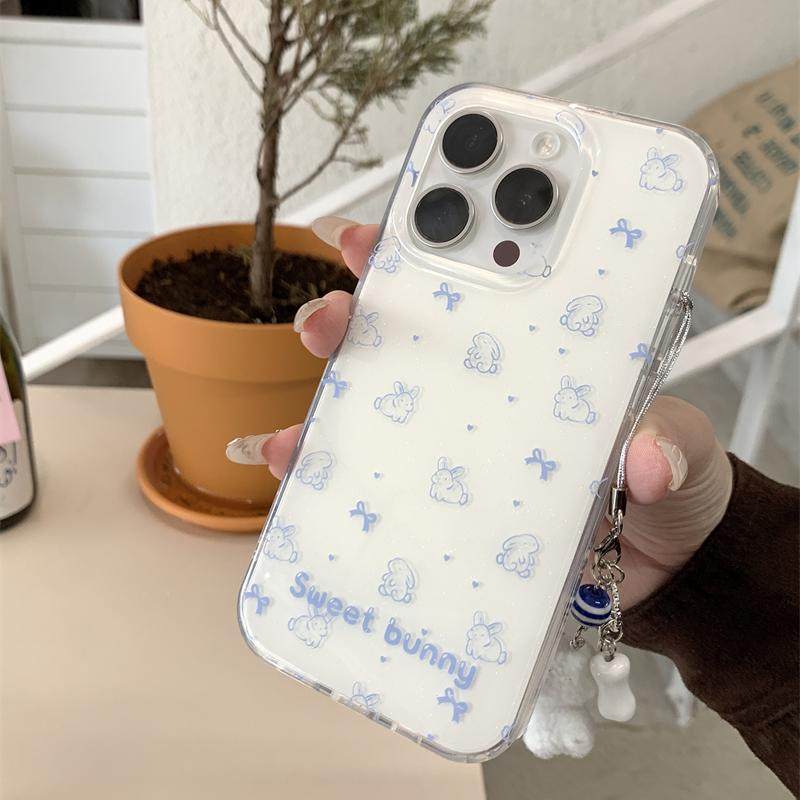 日韩ins可爱少女心奶呼呼蓝色线条兔子蝴蝶结手链16promax适用iphone15pro双层闪粉14手机壳苹果13保护套硬壳,淘宝优惠券,粉丝福利购,淘宝优惠卷