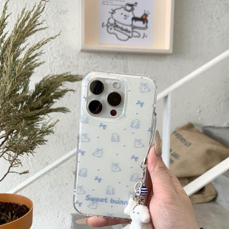 日韩ins可爱少女心奶呼呼蓝色线条兔子蝴蝶结手链16promax适用iphone15pro双层闪粉14手机壳苹果13保护套硬壳,淘宝优惠券,粉丝福利购,淘宝优惠卷