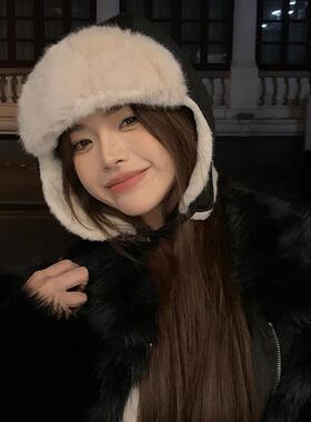 冬季硬核保暖毛绒雷锋帽女款包头护耳防风户外防冻麂皮绒毛线帽潮