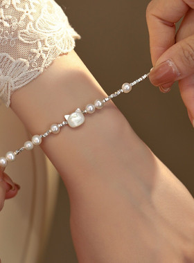 异形淡水珍珠碎银拼接手链可爱猫咪白蝶贝小众气质手饰送闺蜜礼物