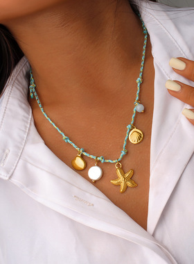 海边度假风热卖项饰海星贝壳吊坠项链夏日新款彩绳锁骨链工厂批发