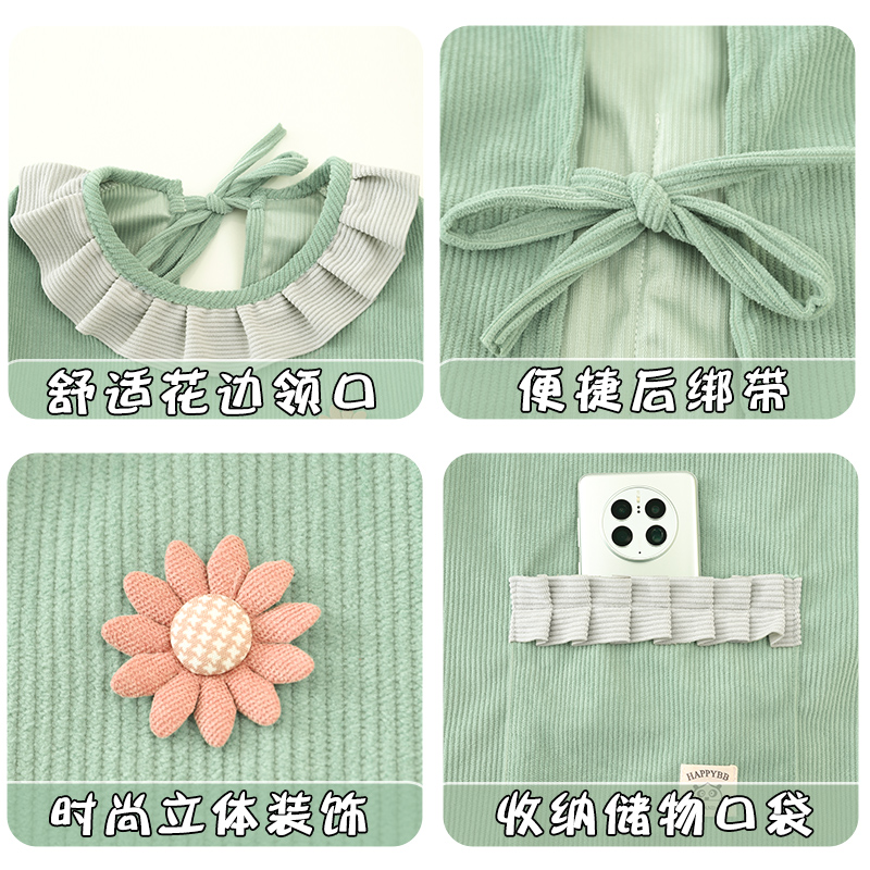 2023新款网红厨房家用条绒长袖围裙防污耐脏罩衣可爱上班工作服女 - 图1