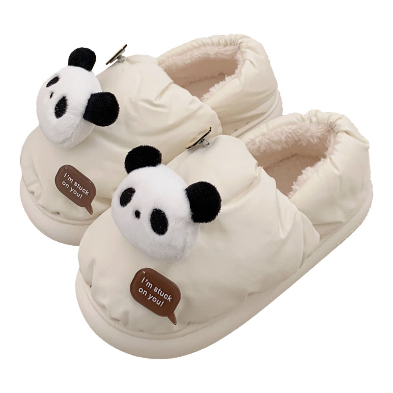 情侣趣味软萌可爱熊猫加绒月子鞋居家防滑保暖全包跟棉拖鞋男女冬 - 图0