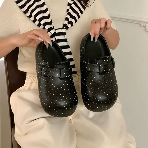 沙滩包头凉拖久站不累女款户外百搭防滑厚底夏黑白波点防水bo肯鞋 - 图1