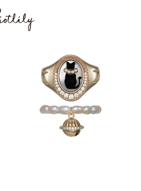 Riotlily艾特里里伊丽喵白戒指珍珠贝壳趣味小猫组合戒女款礼物