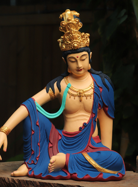 香樟木水月自在观音佛像彩绘工艺品摆件客厅家居供奉观世音菩萨像