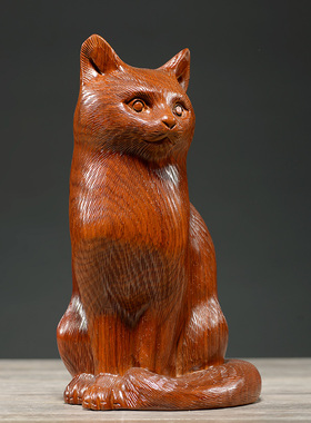 刺史花梨木雕刻猫摆件
