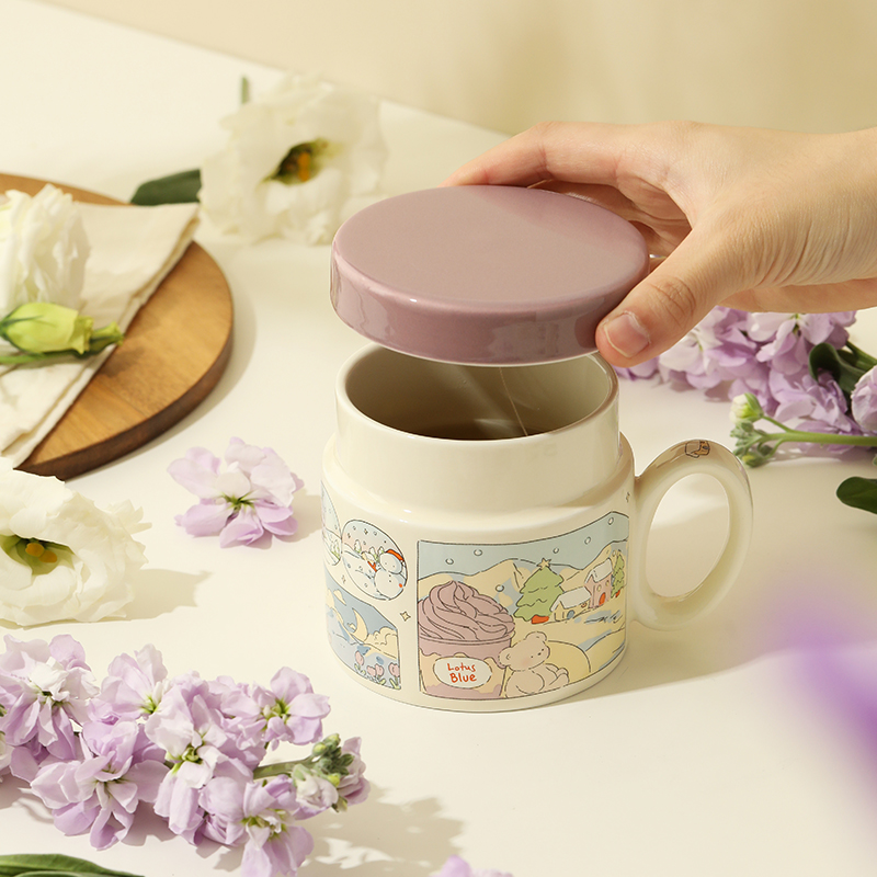 蓝莲花陶瓷杯子马克杯带盖食品级水杯泡茶女专用茶水分离茶杯瓷杯 - 图1