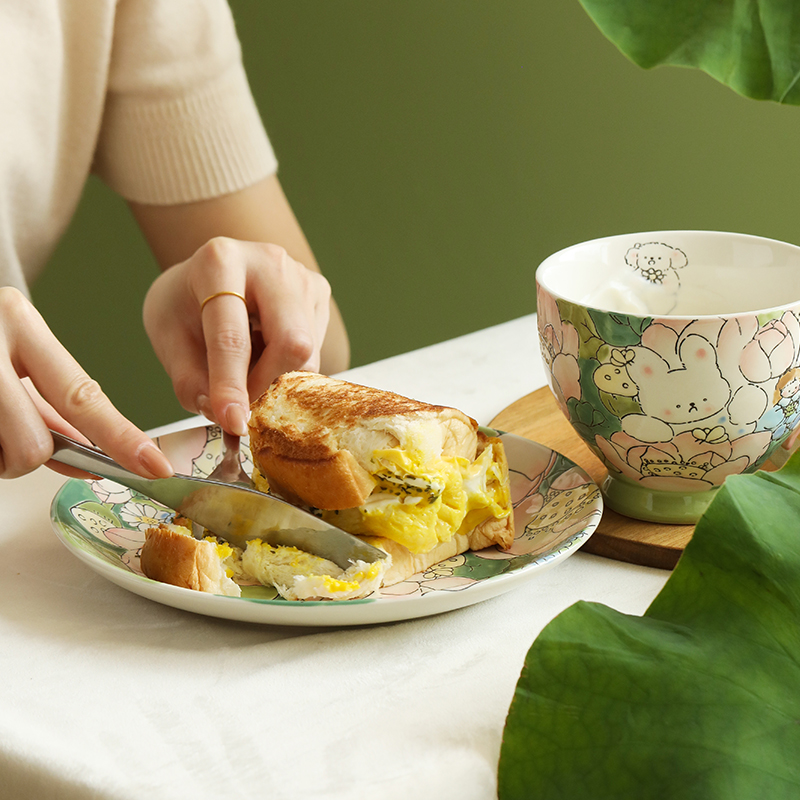 蓝莲花羡鸟文社手绘釉下彩花朵杯早餐杯盘牛奶杯子喝水杯礼盒套装-图3