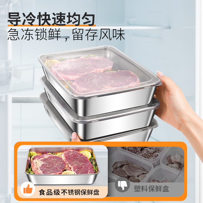 不锈钢方盘食品级保鲜盒带盖方盒子长方形盘子家用备菜盘加厚托盘 - 图3