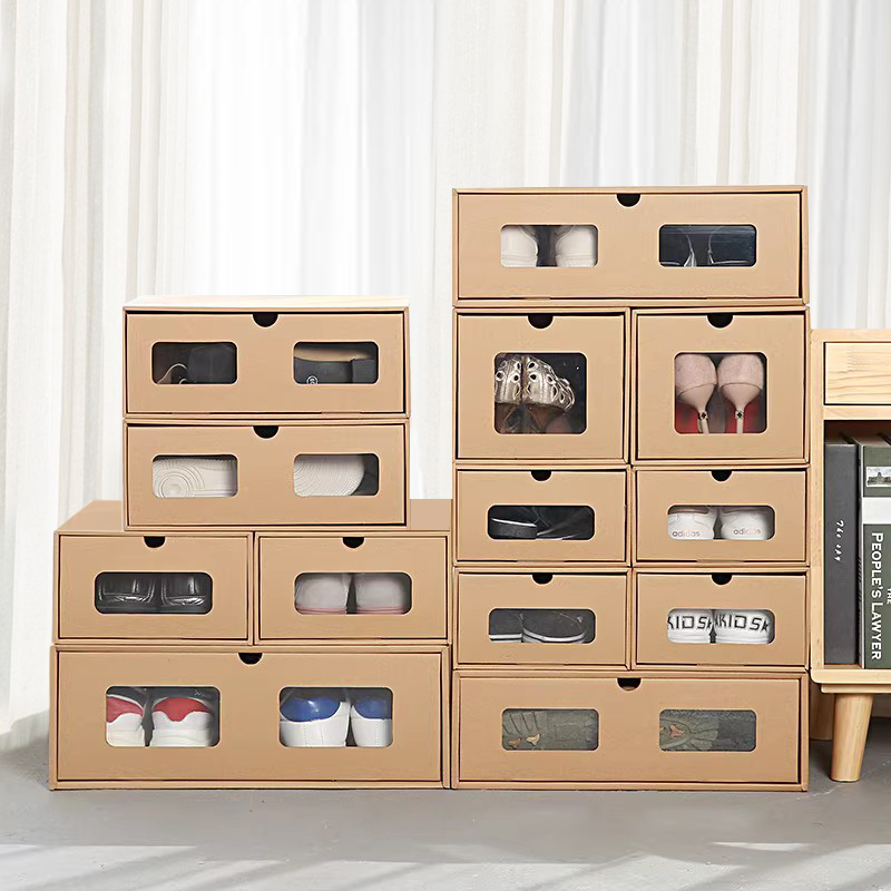 牛皮纸鞋盒鞋子收纳盒鞋柜纸盒抽屉式鞋架盒子长靴子收纳神器透明 - 图0