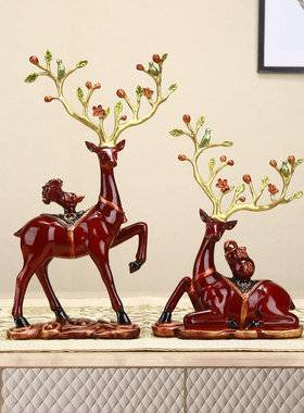 新中式红色大小梅花鹿摆件