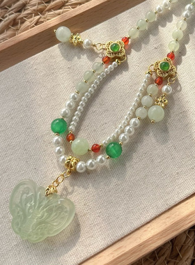 岫玉蝴蝶春季古风汉服坦领璎珞项链绿色清新华丽双层吊坠锁骨链女