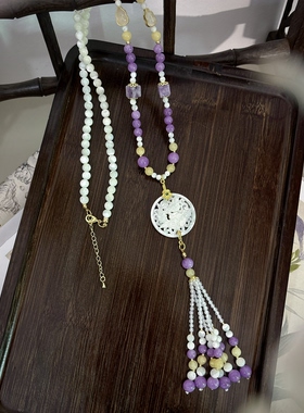 国风优雅紫色蝶贝雕刻凤牌长璎珞汉服旗袍项链高级送礼古风毛衣链