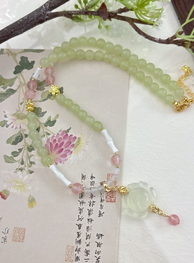国风短款莲花岫玉清新锁骨链