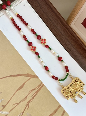 国风新年红喜庆璎珞项链背云相思红豆圆珠中长款项链汉服百搭过年