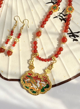 一鹿生花九色鹿新年红国风长璎珞项链珍珠玛瑙秋冬喜庆复古毛衣链