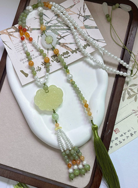 清新甜美国风无金属绿色系玉石长璎珞背云汉服唐宋制马面裙项链女