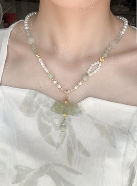 原创国风岫玉荷花璎珞汉服宋制古风仙气夏日百搭短款清新项链配饰