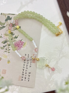 夏季清新淡雅国风项链岫玉冰透莲花锁骨链汉服日常百搭简约短款链