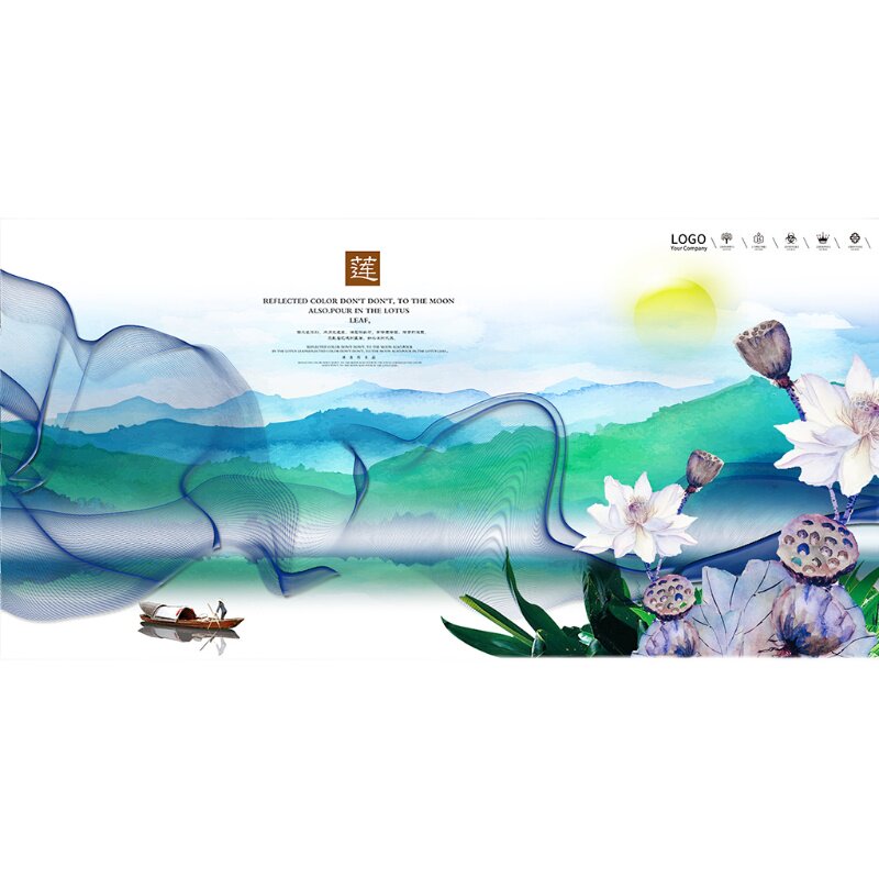 手绘古风水彩清廉背景荷花图壁画淡雅山水清正廉洁板报展板PS素材