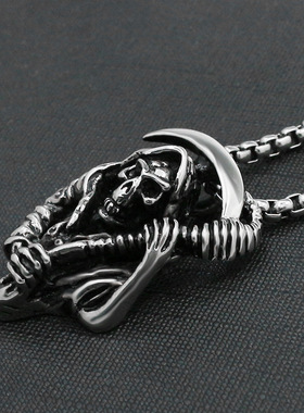 2023日韩骷髅死神镰刀吊坠项链霸气个性钛钢朋克潮男项坠不锈钢链