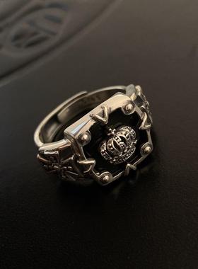 复古S925泰银皇冠嘻哈重工暗黑戒指女时尚十字架开口指环食指戒