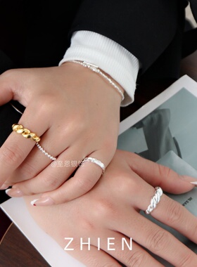 S925纯银牛角包韩版小众扭纹戒指