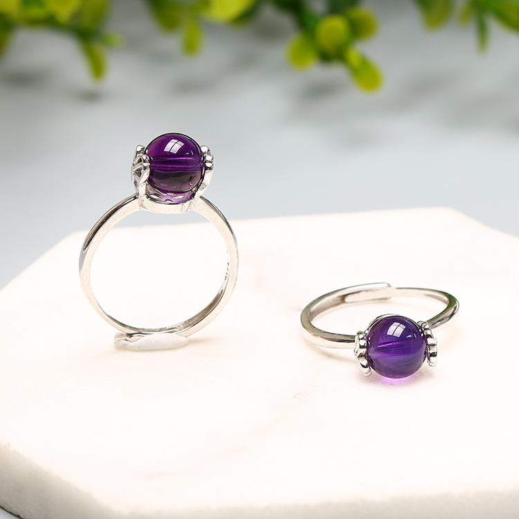 天然紫水晶转运珠紫色戒指女时尚个性镀s925银活口可调节招财指环 - 图2