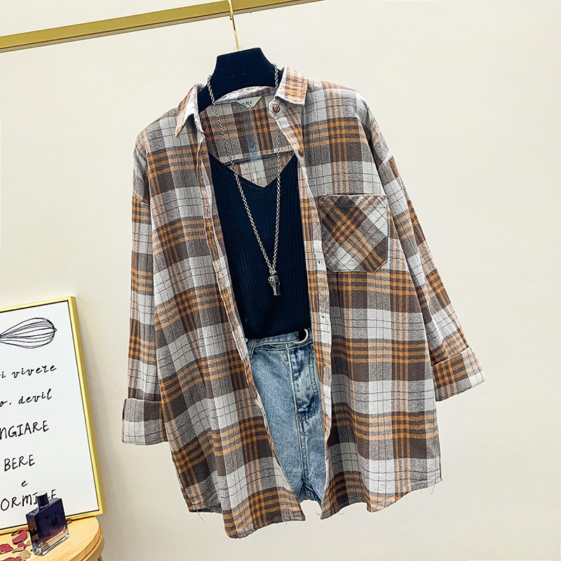 纯棉磨毛格子衬衫宽松2020女外套 言加衬衫