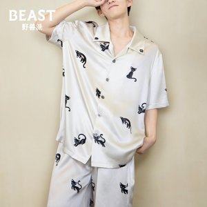 BEAST野兽派百伶百俐小黑猫情侣真丝家居服睡衣男睡衣女春秋礼物