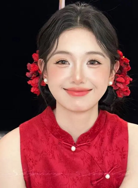 2025新款高级感红色花朵发夹韩系