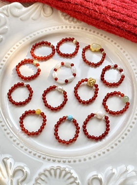 原创红玛瑙戒指女复古小众高级感新中式显白食指戒本命年红色指环