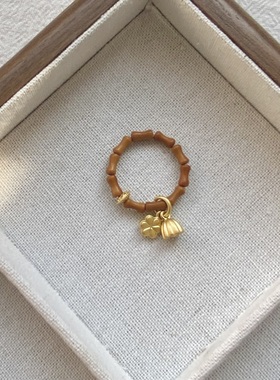 原创设计感橄榄核沙金戒指女复古新中式竹节尾戒文玩食指戒