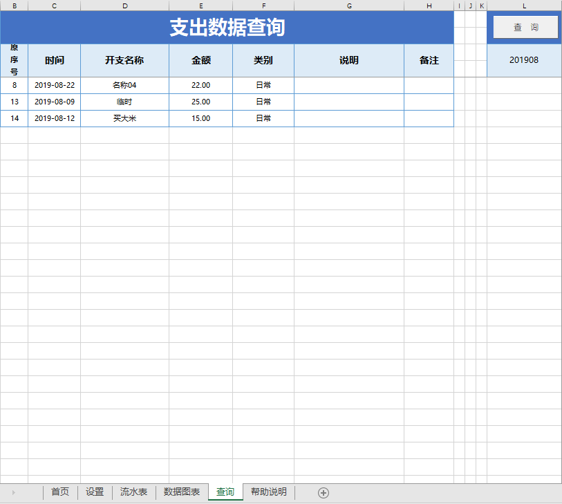 家庭财务支出管理系统表格理财流水账支出账目数据图表记录开支汇总实用性强数据直观便捷高效支出查询模板