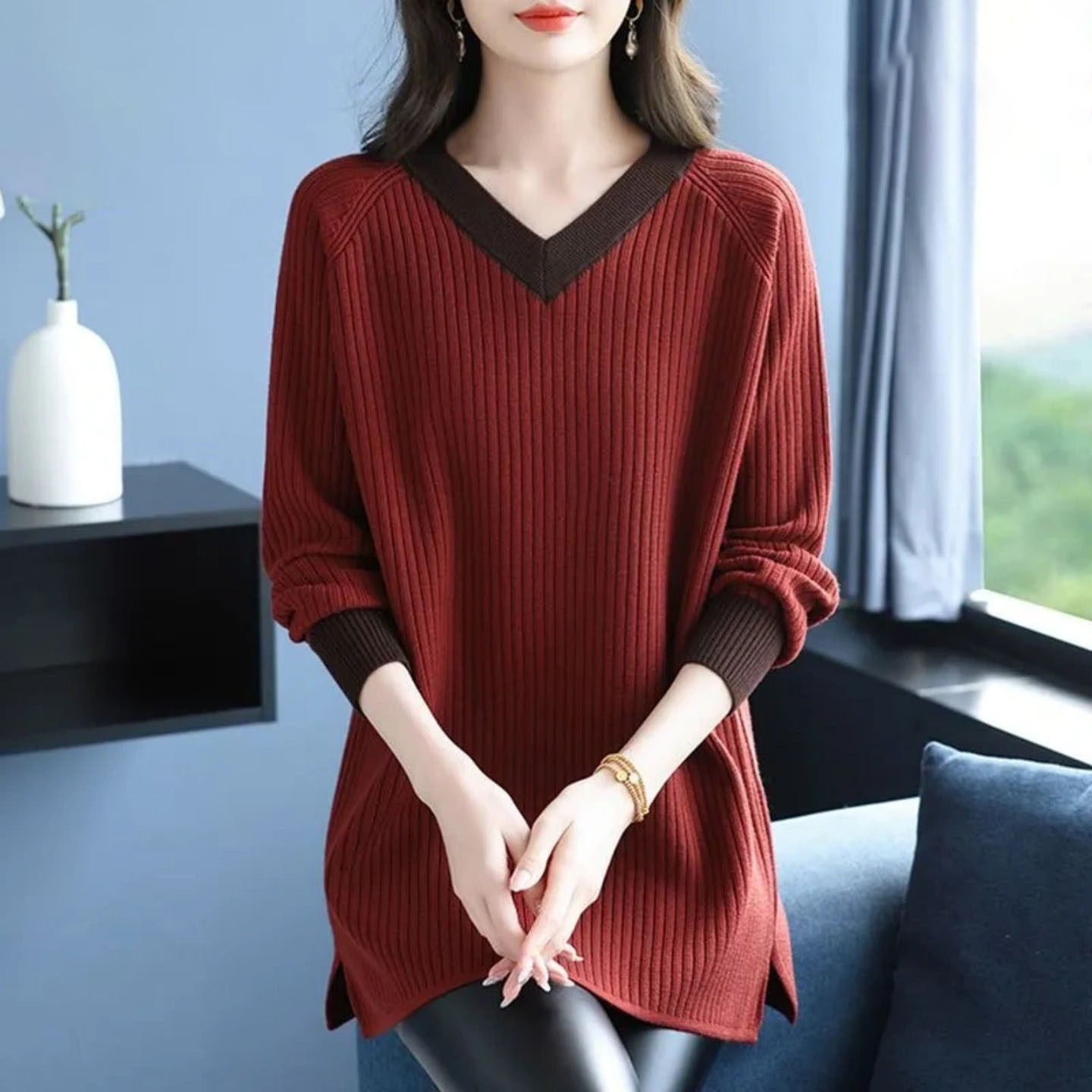 300斤大码时髦宽松遮肉休闲显瘦针织衫胖mm拼色长袖V领拼接毛衣女,淘宝优惠券,粉丝福利购,淘宝优惠卷