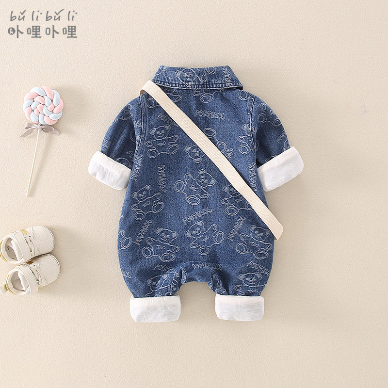 韩版婴儿春装外出牛仔春秋连体衣 卟哩卟哩连身衣/爬服/哈衣