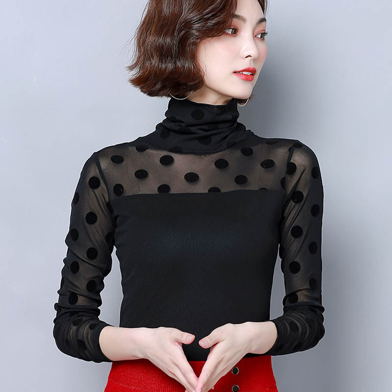 秋装新款修身黑色网纱女长袖t恤 靓妃娅蕾丝衫/雪纺衫