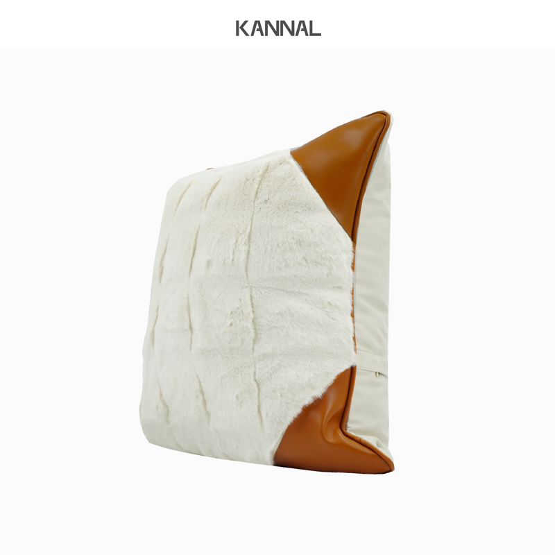 KANNAL『罗马假日』意式咖色皮高级白色仿兔毛拼接靠垫样板间方枕 - 图0