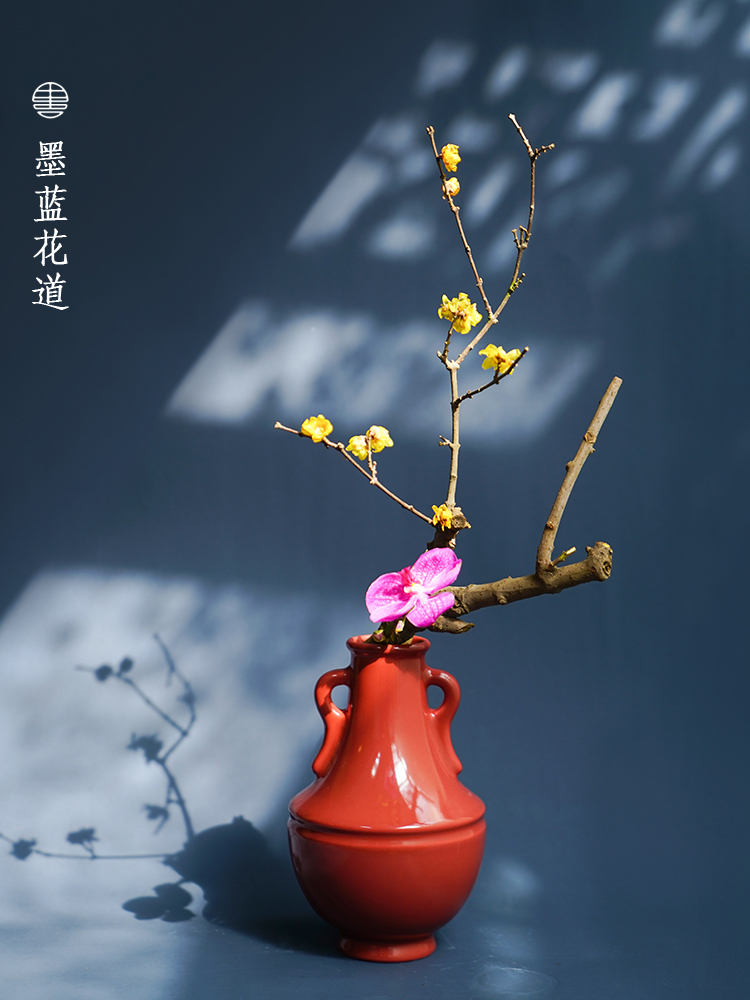 厂墨蓝花器道红色陶瓷禅意花瓶中式插花器皿客厅桌面摆件日式插促 - 图1