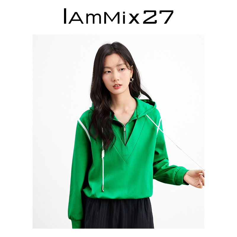 IAmMIX27休闲连帽卫衣女个性假两件拼接休闲百搭减龄针织套头衫女