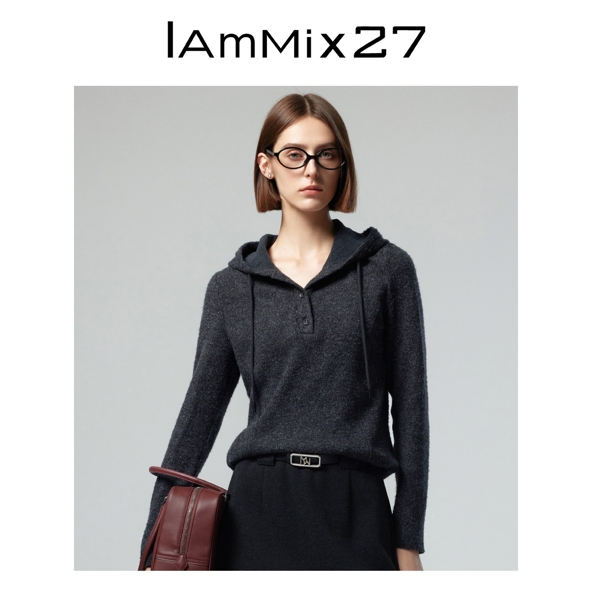 IAmMIX27秋冬连帽针织衫女短款软糯绒感保暖简约休闲百搭套头毛衫 - 图3