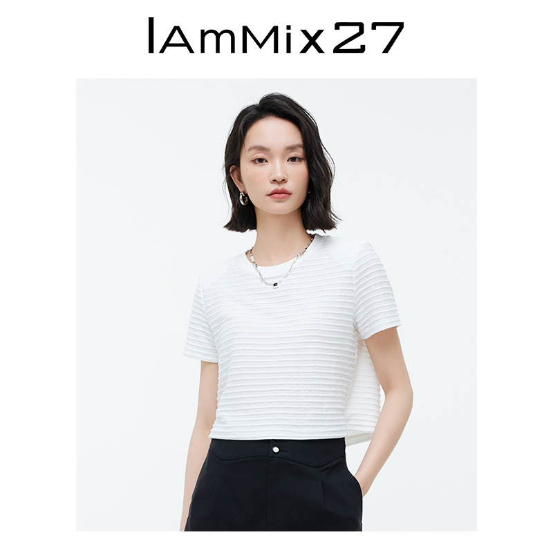 IAmMIX27夏季短袖T恤女个性肌理撞色条纹简约圆领短款套头上衣女 - 图0