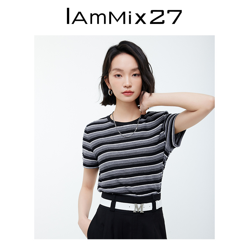 IAmMIX27夏季短袖T恤女个性肌理撞色条纹简约圆领短款套头上衣女 - 图1