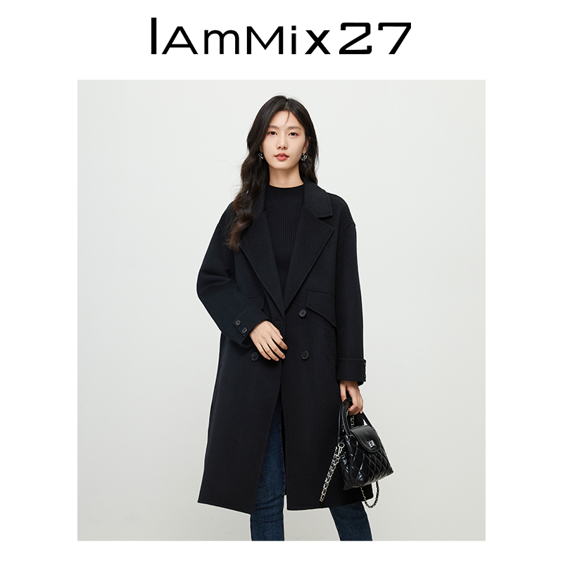 IAmMIX27冬季双面呢大衣女中长款宽松高品质绵羊毛西服领毛呢外套