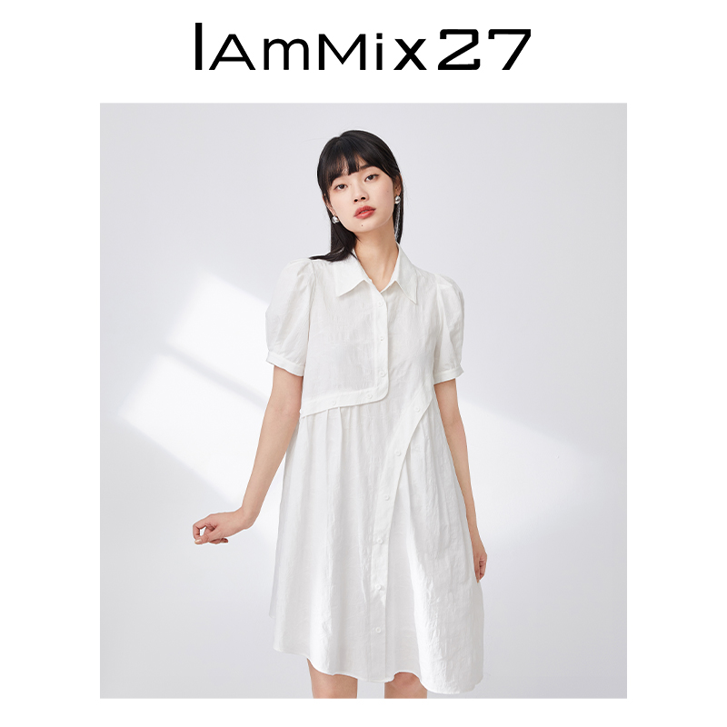 IAmMIX27全棉翻领连衣裙女个性不对称拼接绣花宽松减龄泡泡袖裙子 - 图0