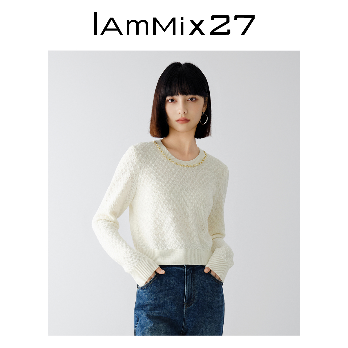 IAmMIX27春秋圆领毛衫女长袖短款内搭显瘦叠穿绵羊毛套头针织衫女 - 图0